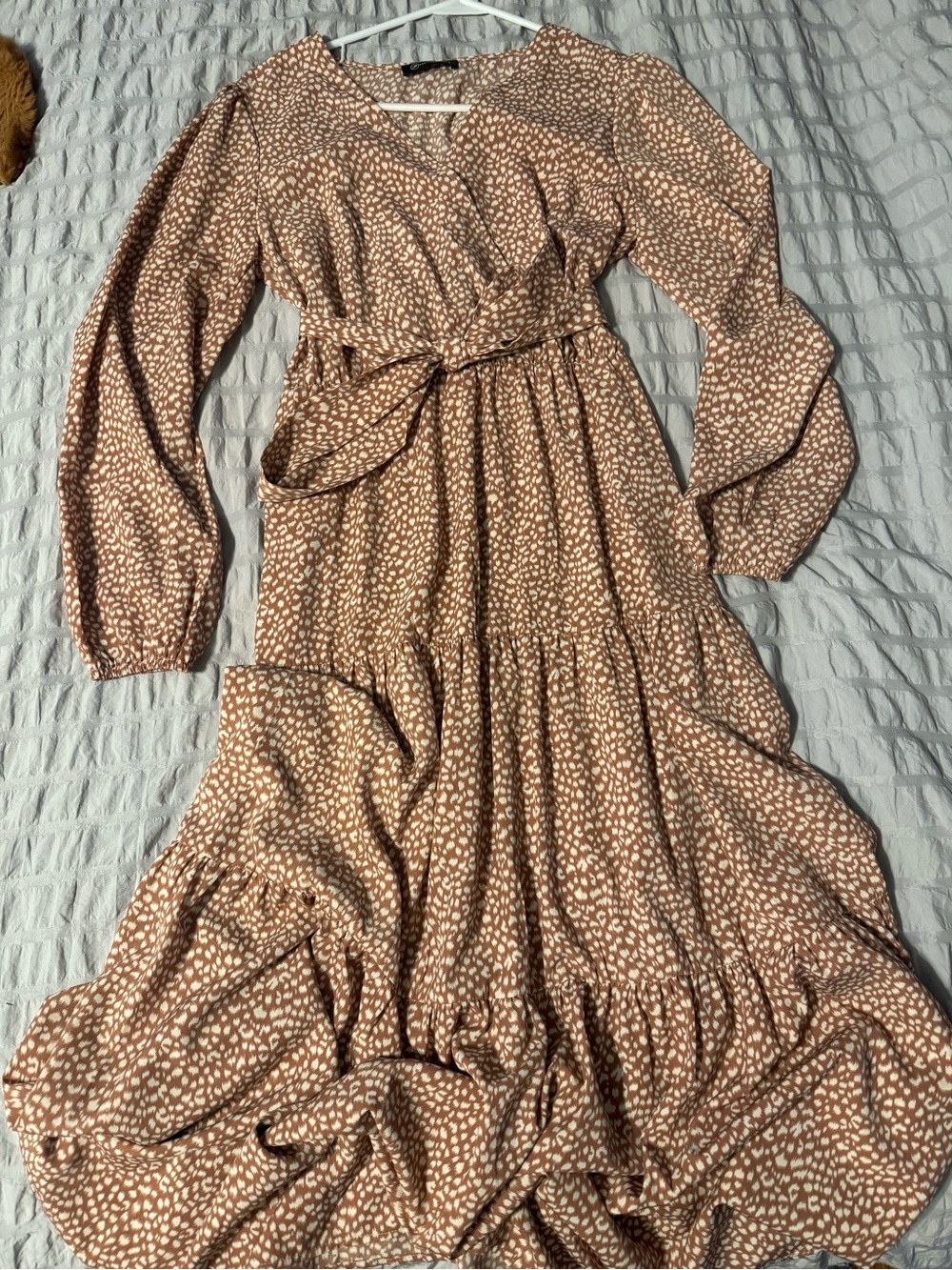 Long Sleeve Tiered Dress in Light Brownish Pink Print